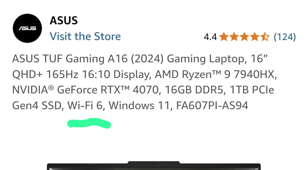 ASUS TUF Gaming A16 Amazon listing showing Wi-Fi 6 in the title