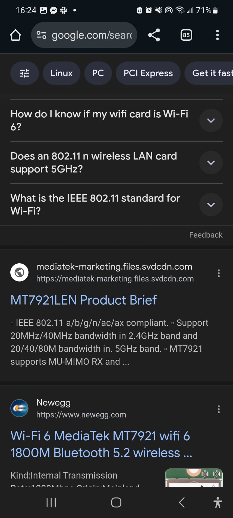 Google search for MT7921 showing 802.11ax compliance