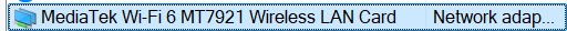 Device Manager showing MediaTek Wi-Fi 6 MT7921 Wireless LAN Card