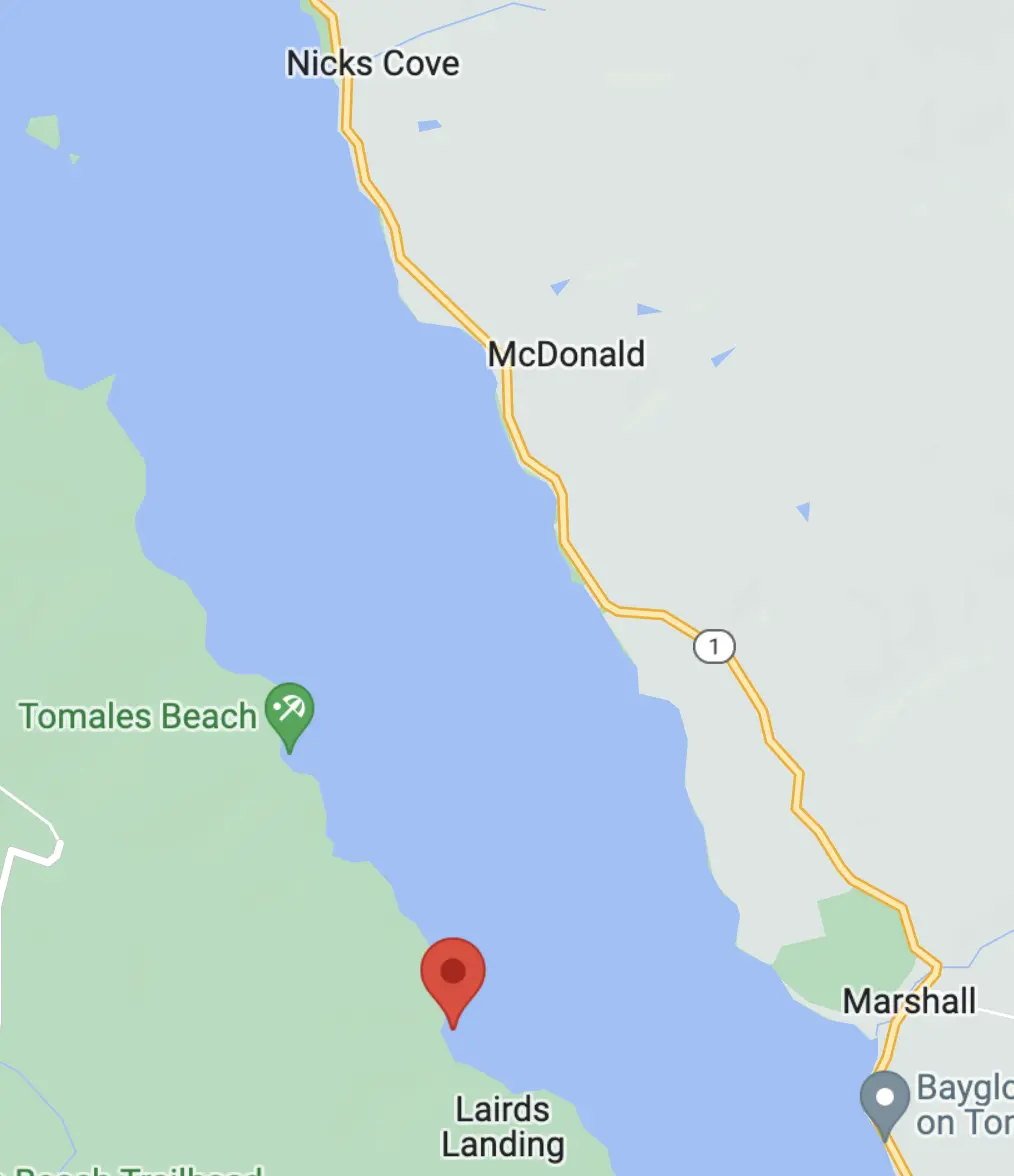 Map showing Marshall Beach campsite location on the west shore of Tomales Bay