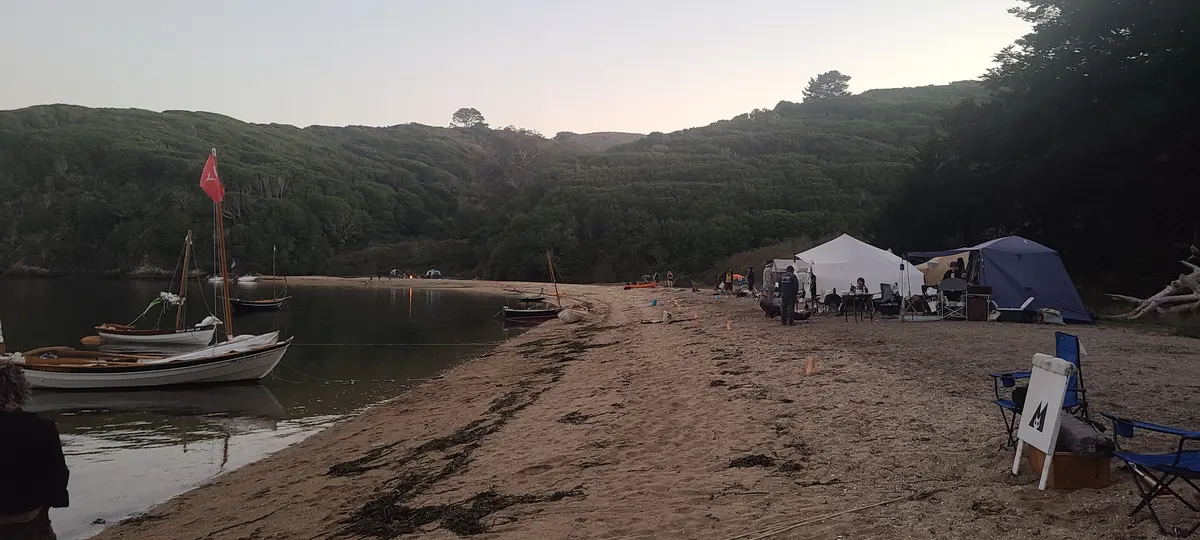 Campsite at Marshall Beach as dusk falls
