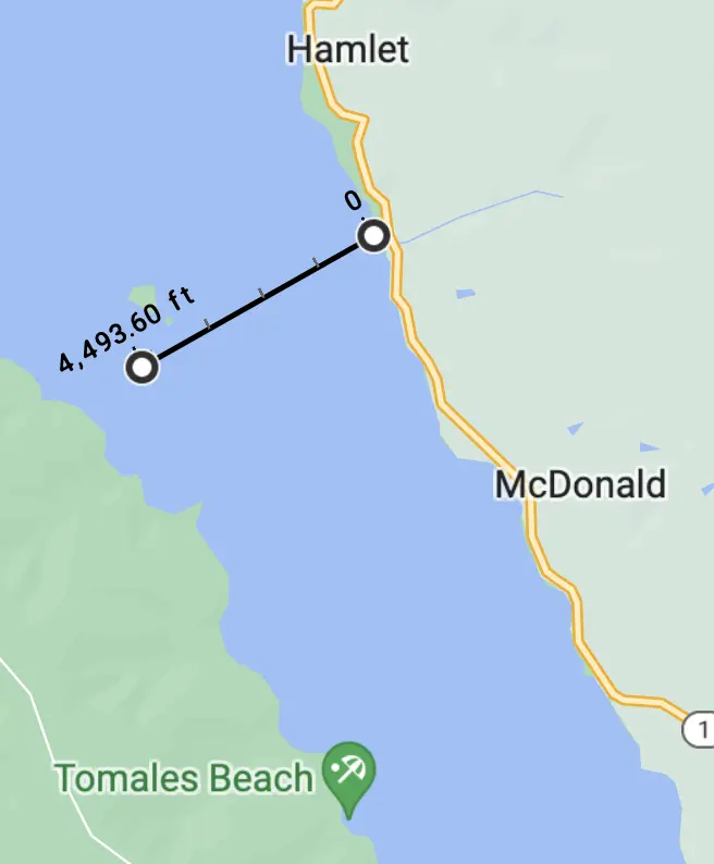 Direct crossing of Tomales Bay: 4,493 feet