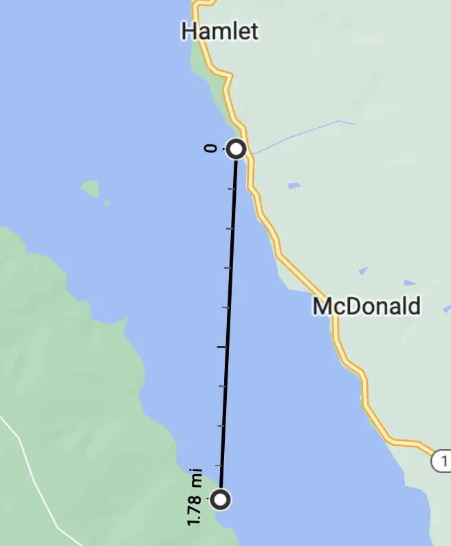 Kayak route of 1.78 miles along the east shore to the campsite