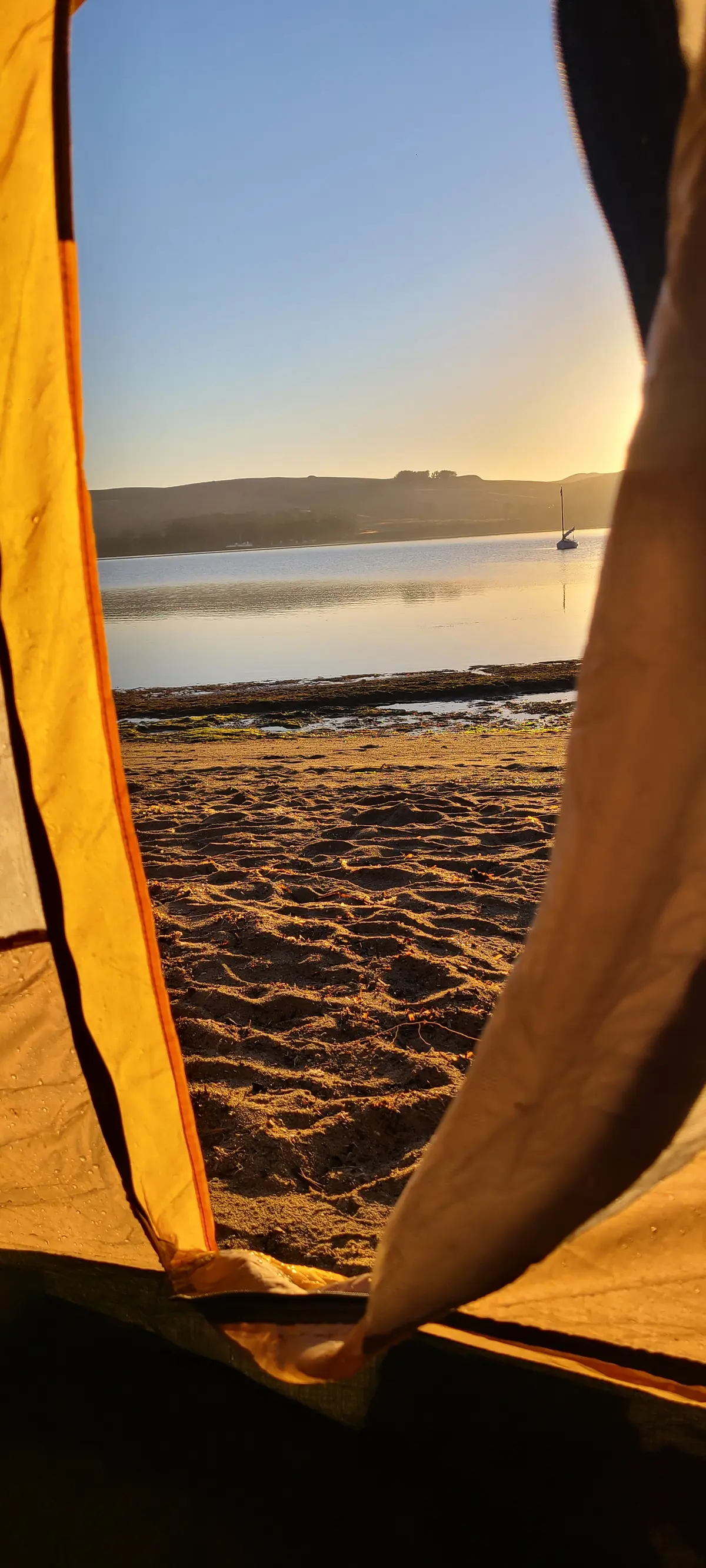 Morning view from inside the tent looking out at the bay