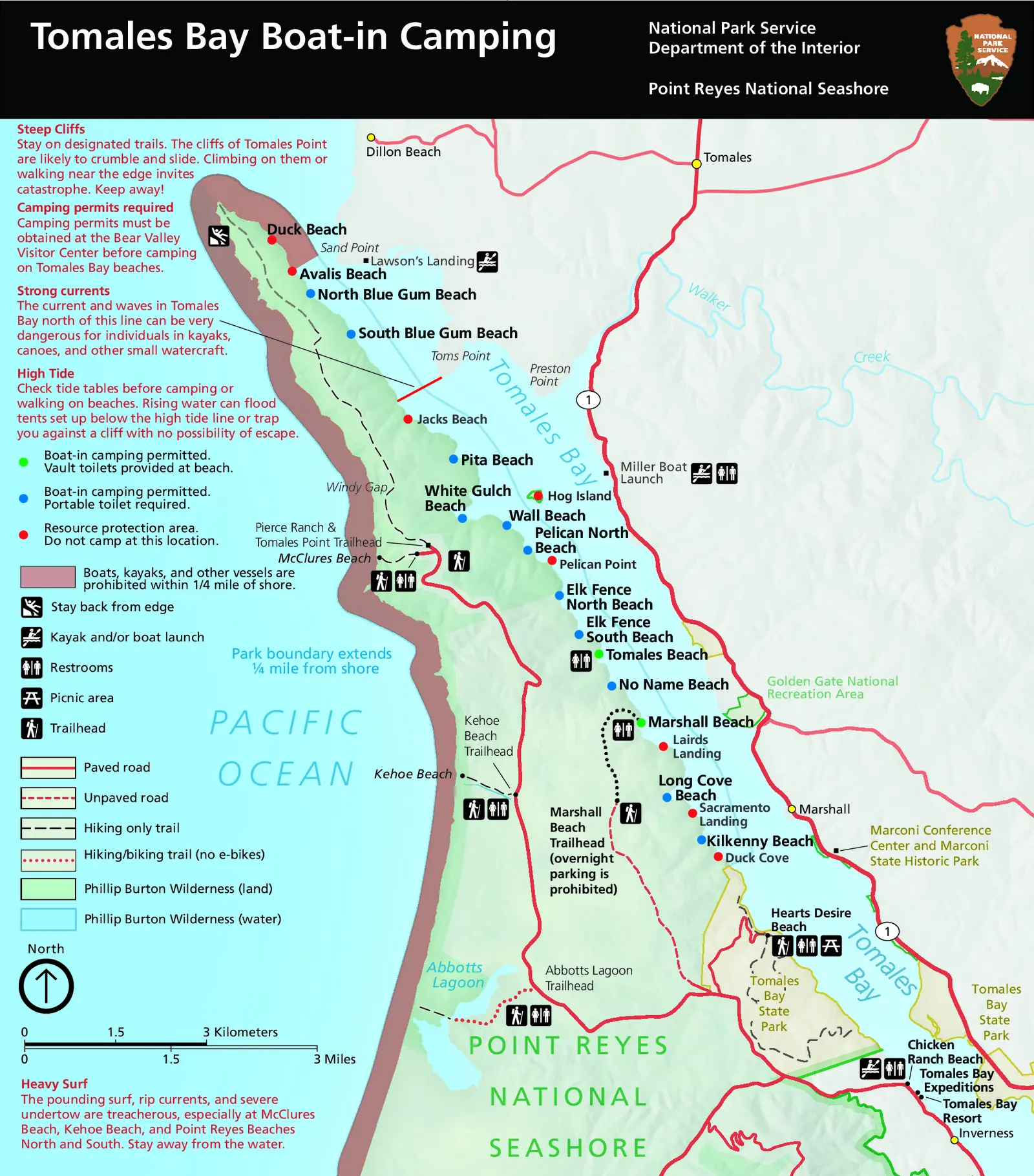 NPS Tomales Bay Boat-in Camping map showing beaches, launch sites, and camping rules
