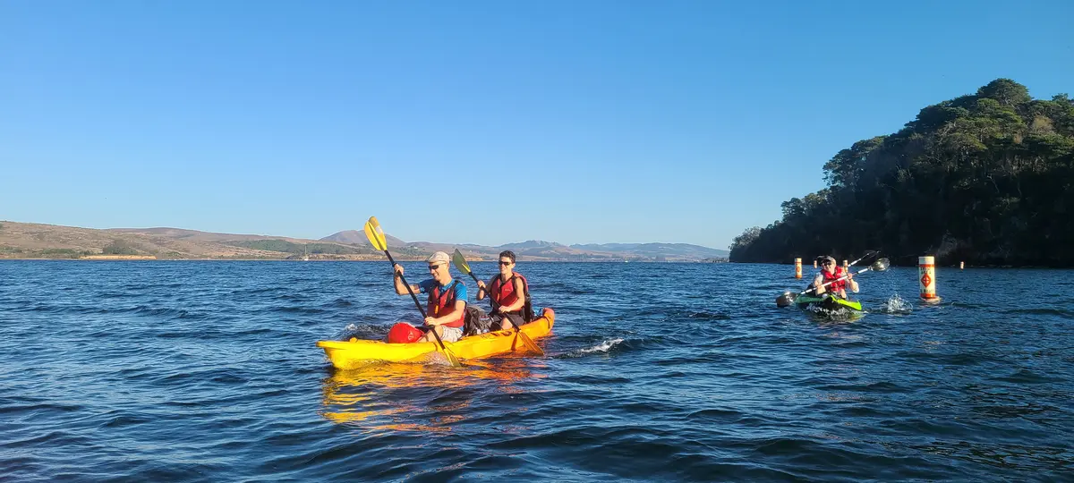 Group paddling across Tomales Bay toward the campsite