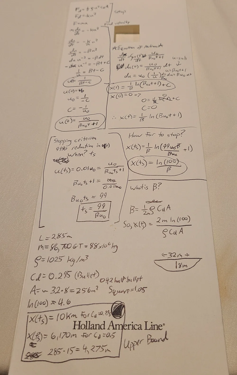 Ship stopping derivation and estimate, handwritten on the back of a Holland America Line card Ship stopping derivation and estimate, handwritten on the back of a Holland America Line card