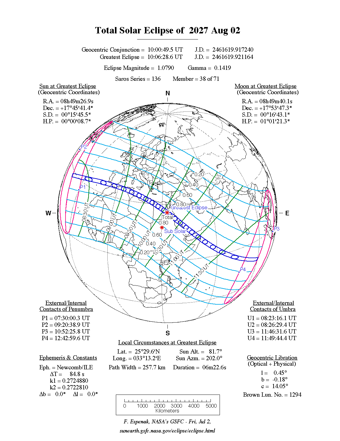 NASA map of the total solar eclipse of 2 August 2027