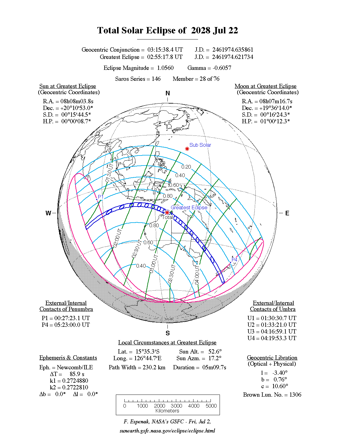 NASA map of the total solar eclipse of 22 July 2028