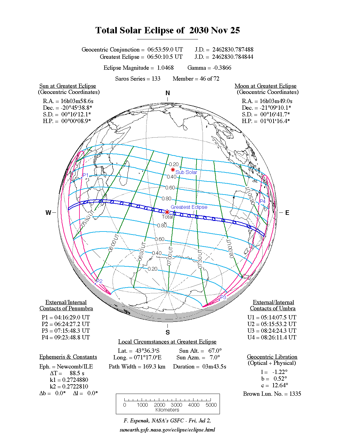 NASA map of the total solar eclipse of 25 November 2030