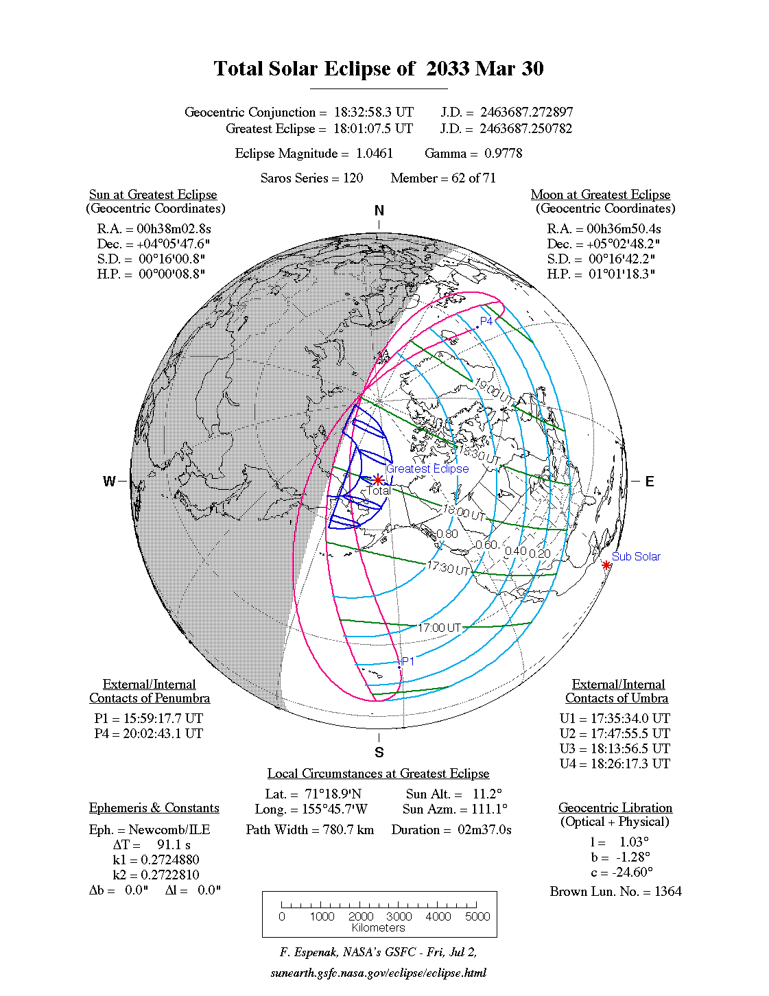 NASA map of the total solar eclipse of 30 March 2033