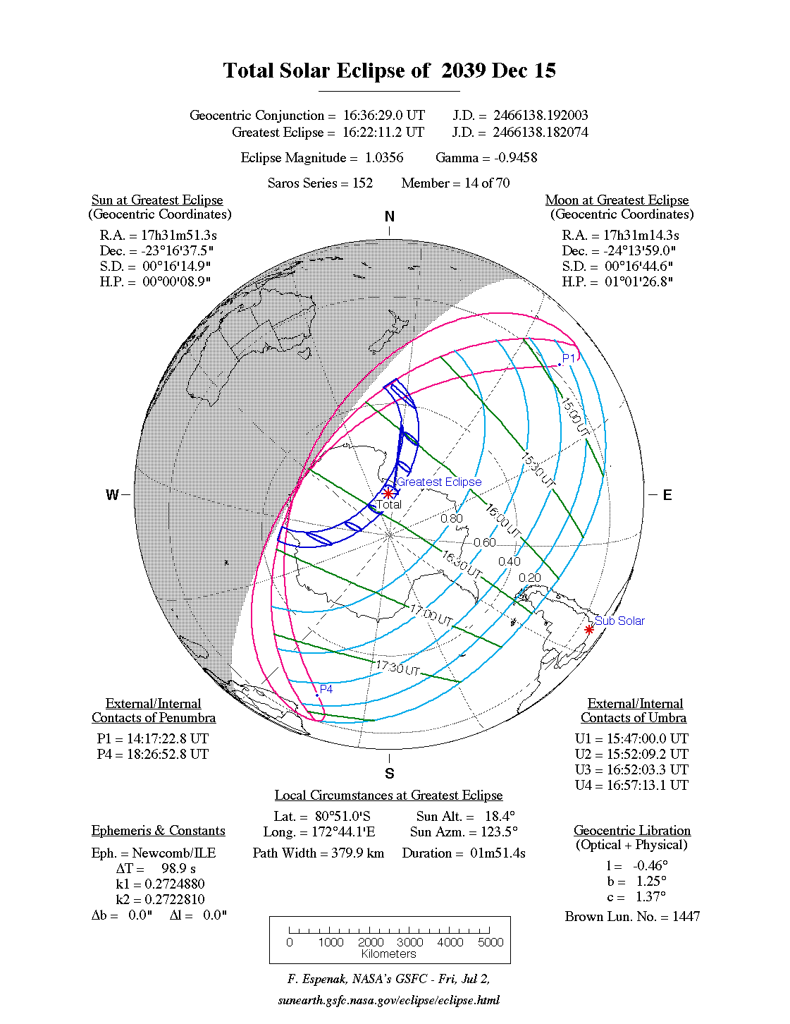NASA map of the total solar eclipse of 15 December 2039