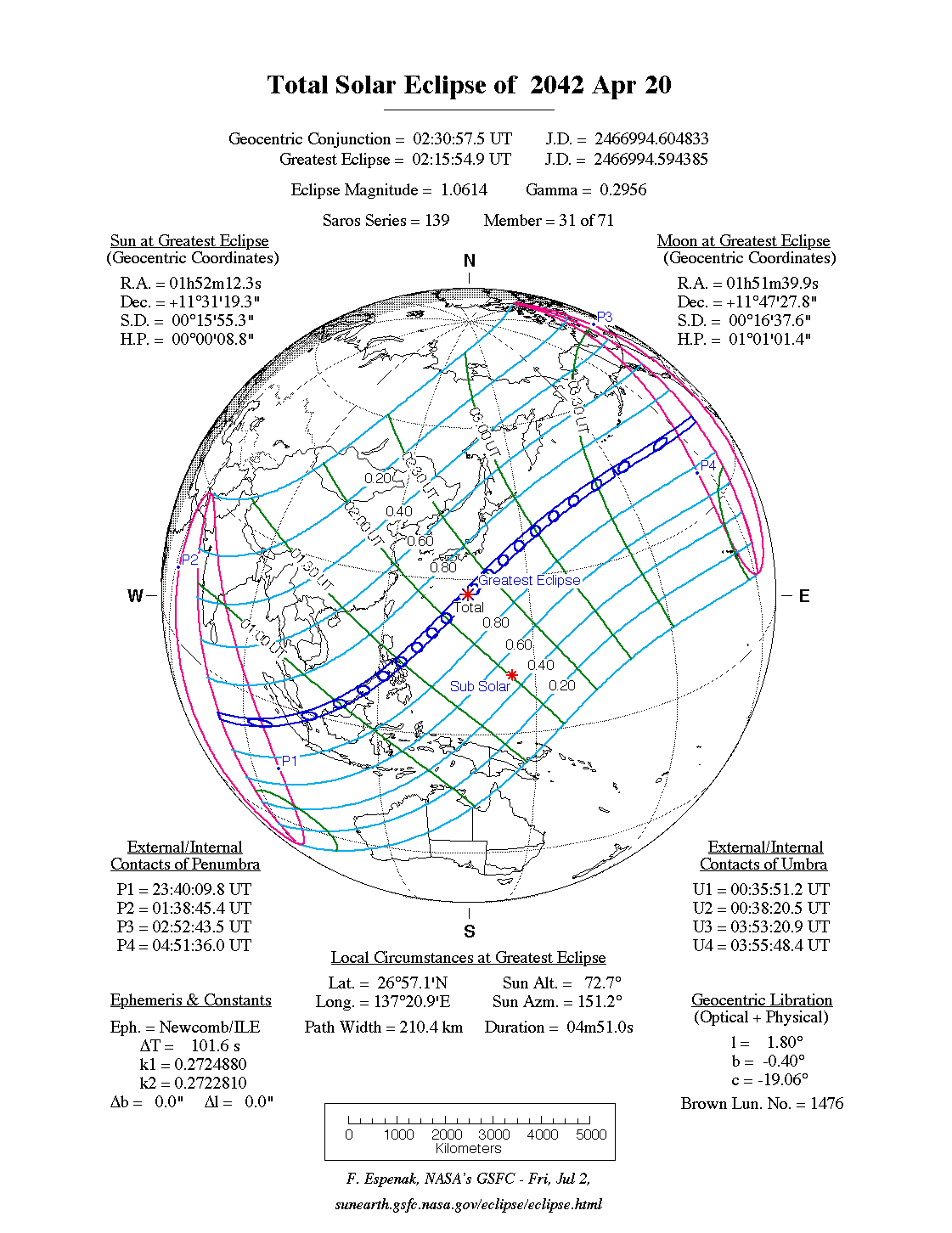 NASA map of the total solar eclipse of 20 April 2042