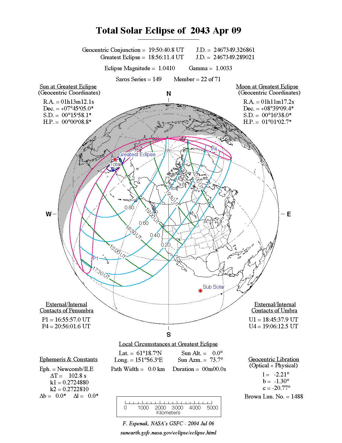 NASA map of the total solar eclipse of 9 April 2043