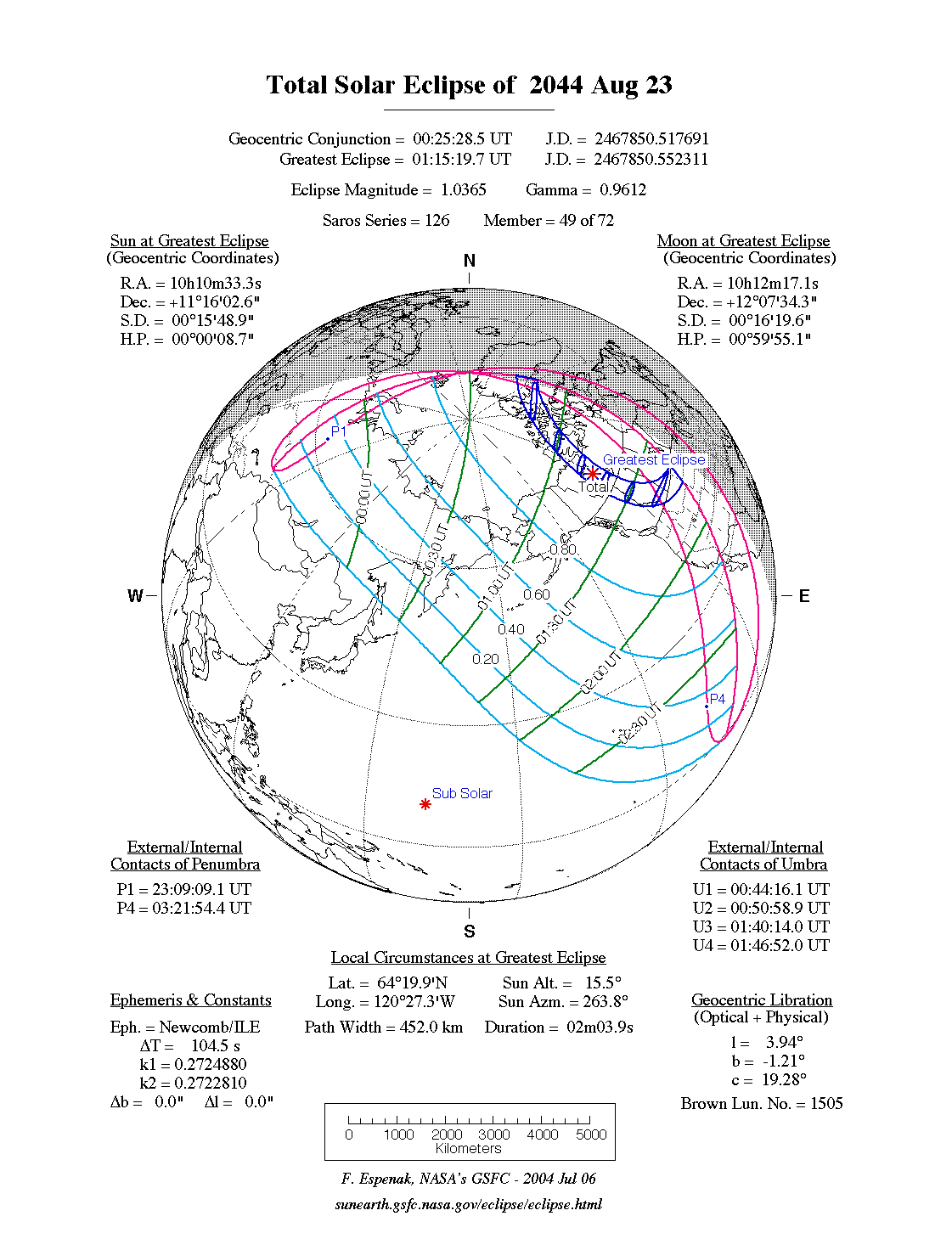 NASA map of the total solar eclipse of 23 August 2044