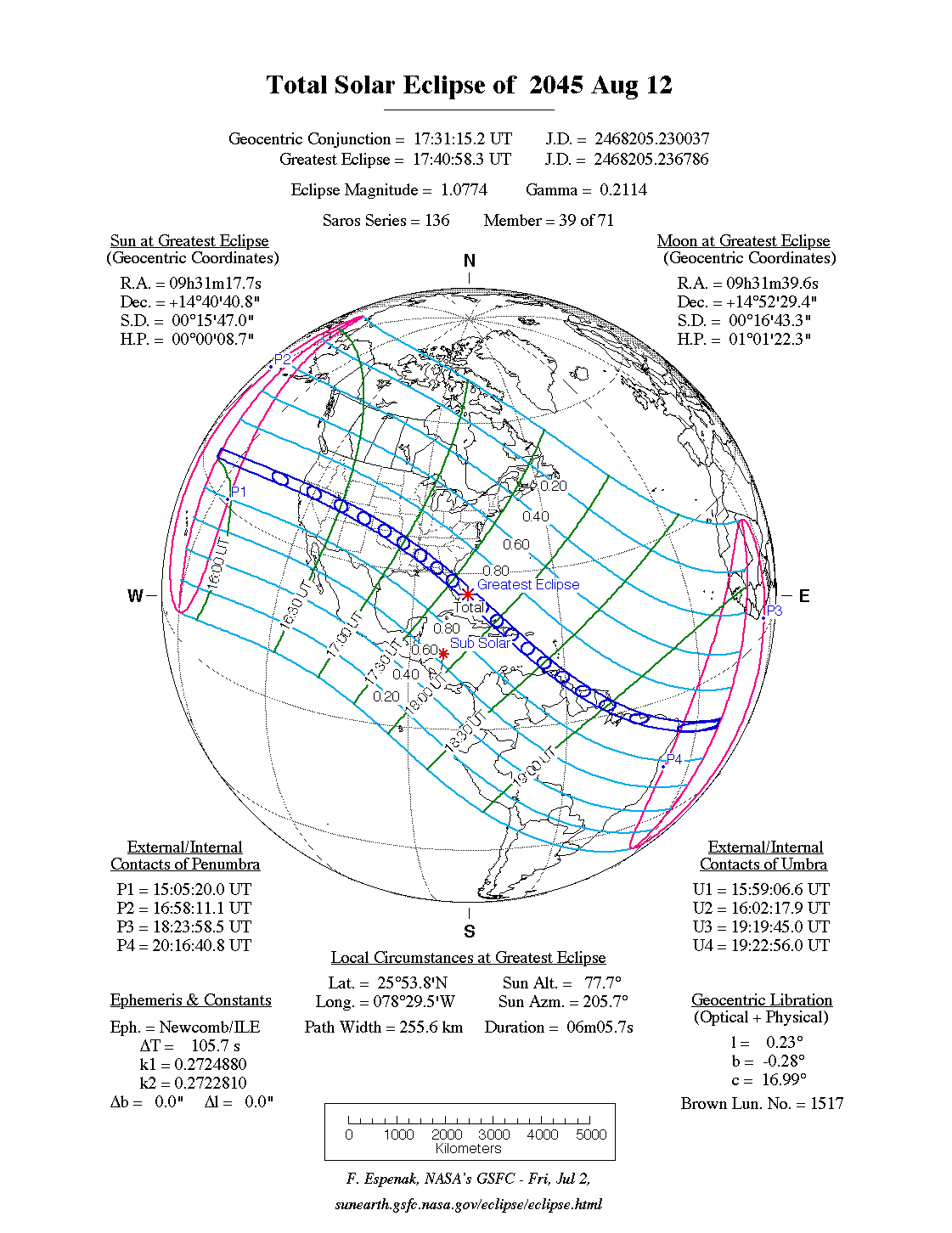 NASA map of the total solar eclipse of 12 August 2045