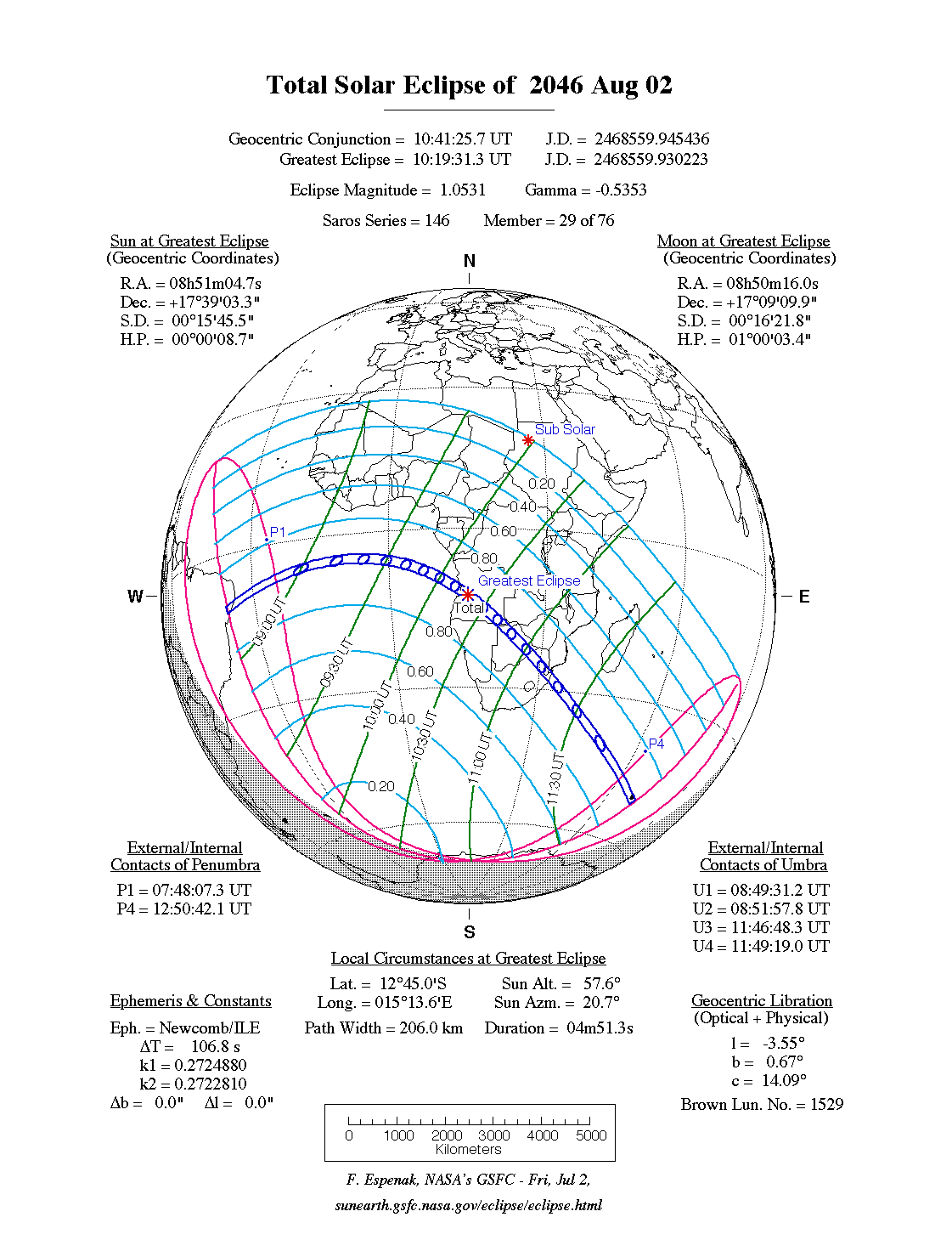 NASA map of the total solar eclipse of 2 August 2046