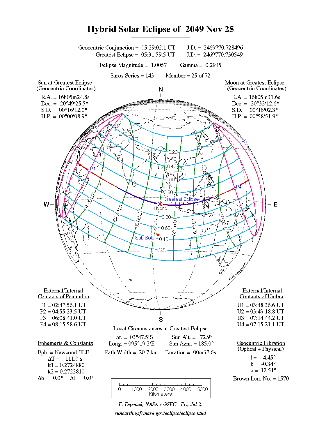 NASA map of the hybrid solar eclipse of 25 November 2049