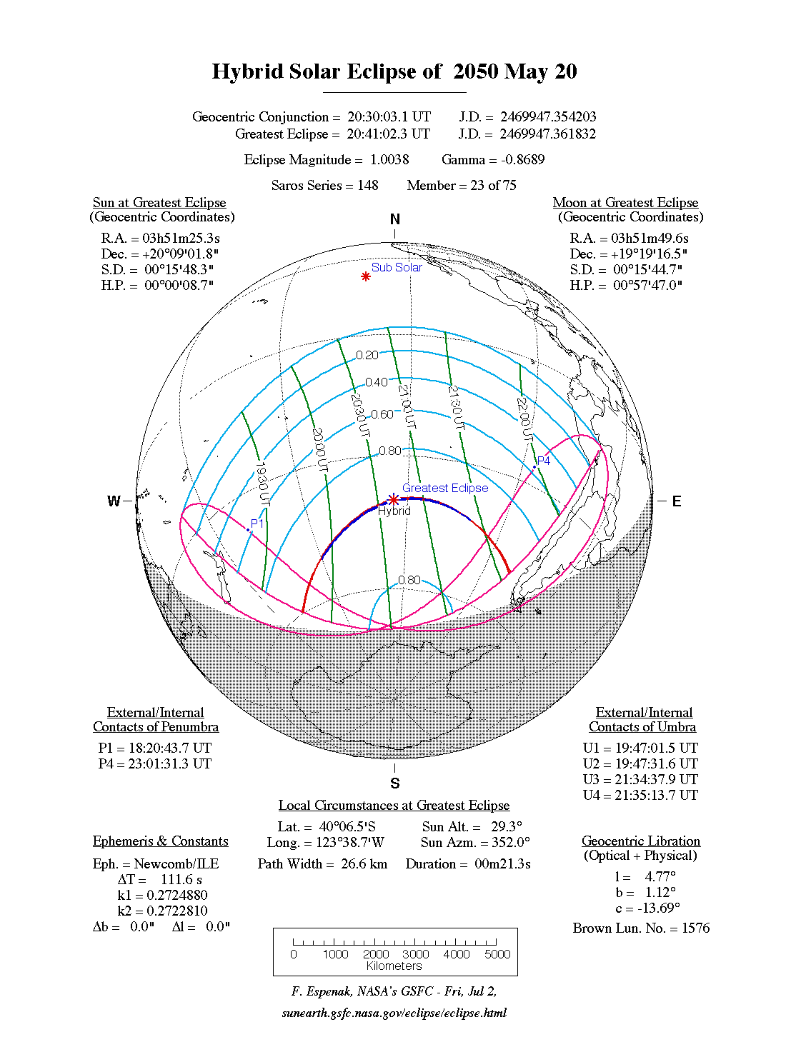 NASA map of the hybrid solar eclipse of 20 May 2050