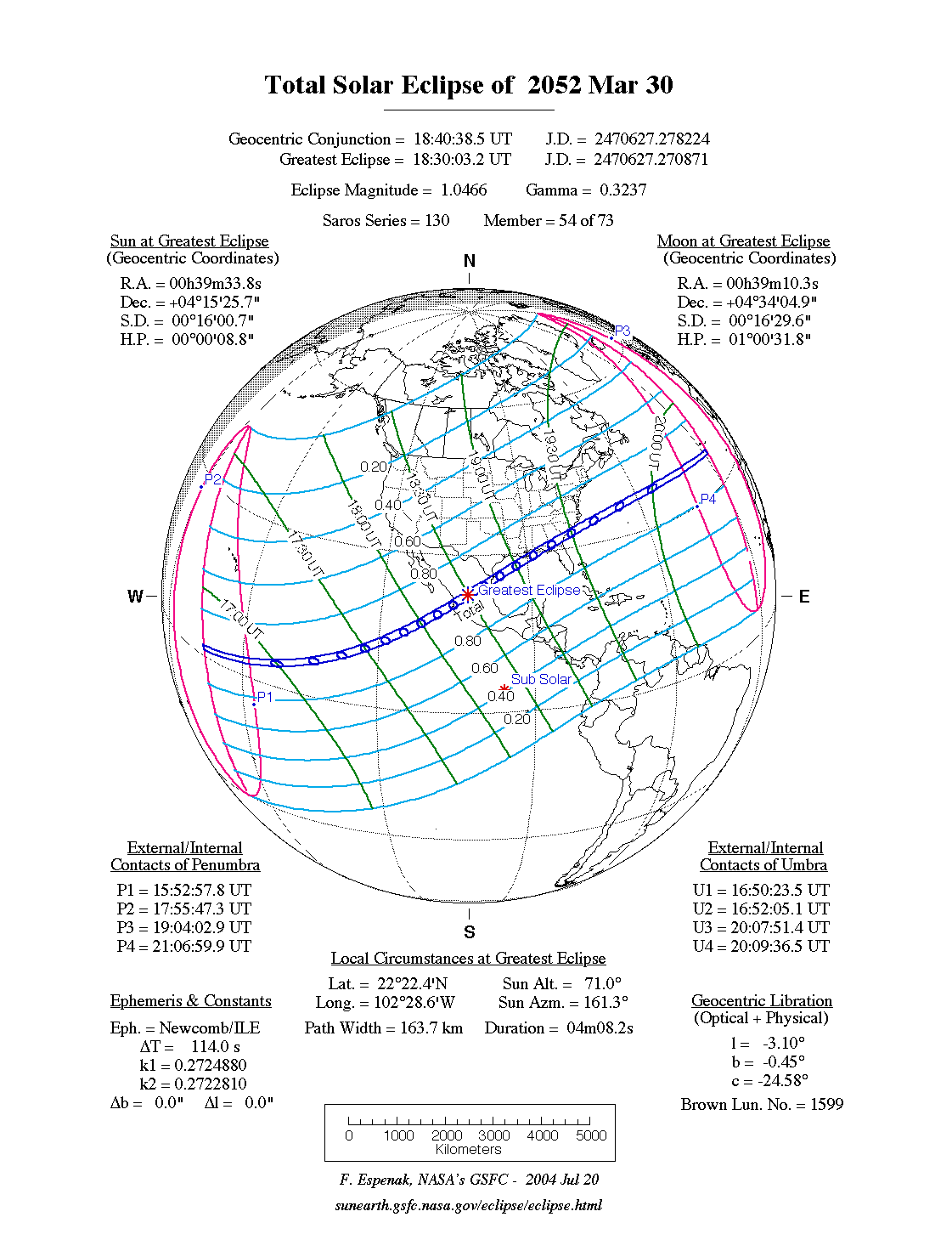NASA map of the total solar eclipse of 30 March 2052