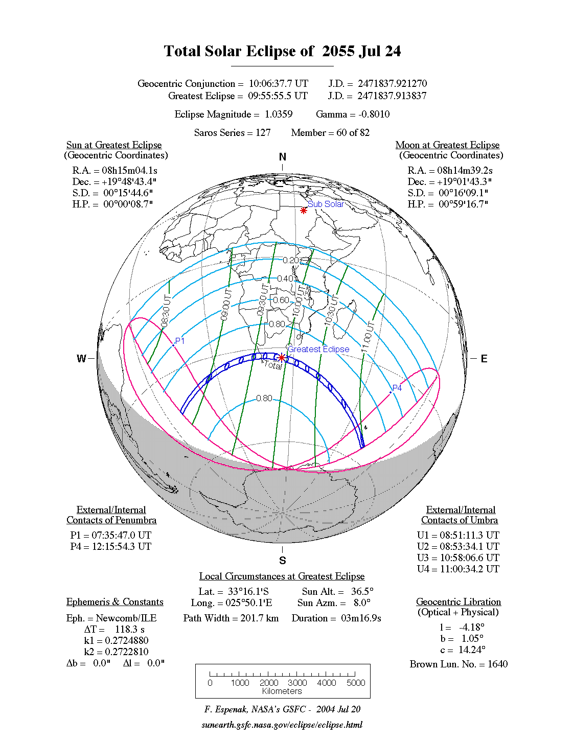 NASA map of the total solar eclipse of 24 July 2055