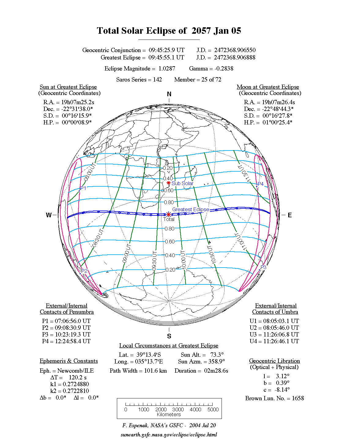 NASA map of the total solar eclipse of 5 January 2057