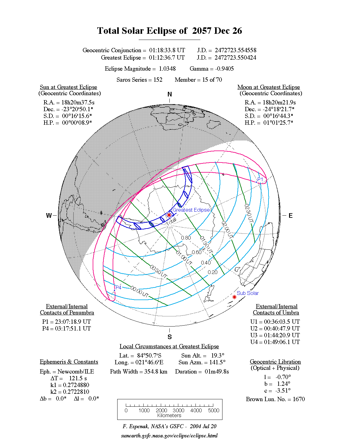 NASA map of the total solar eclipse of 26 December 2057