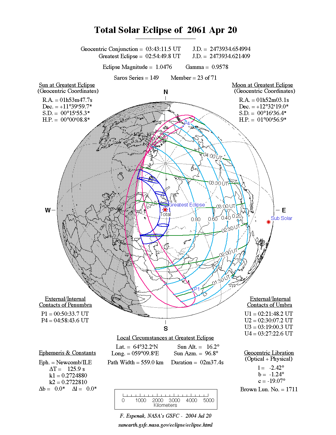 NASA map of the total solar eclipse of 20 April 2061