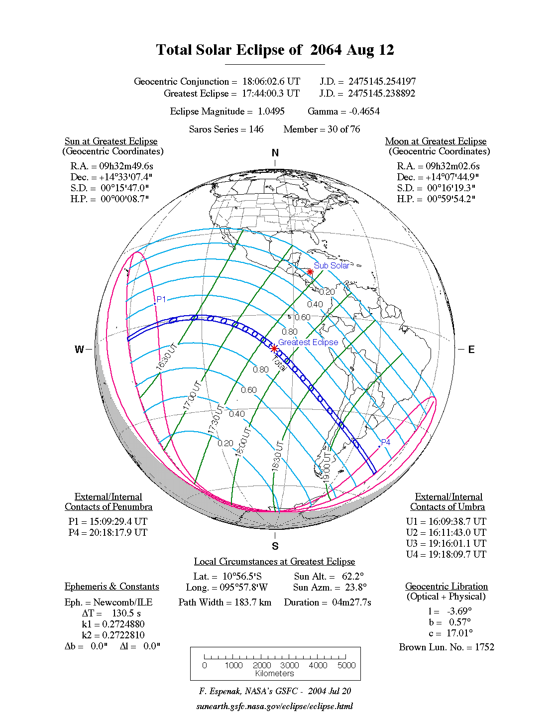NASA map of the total solar eclipse of 12 August 2064