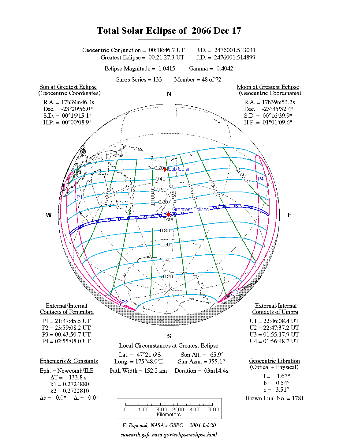 NASA map of the total solar eclipse of 17 December 2066