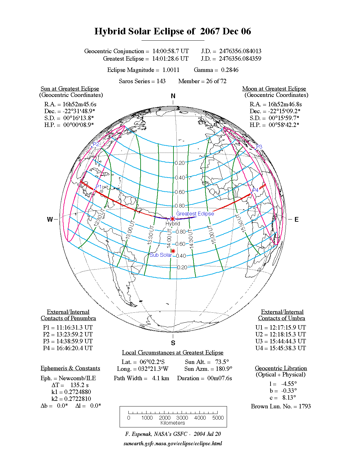 NASA map of the hybrid solar eclipse of 6 December 2067