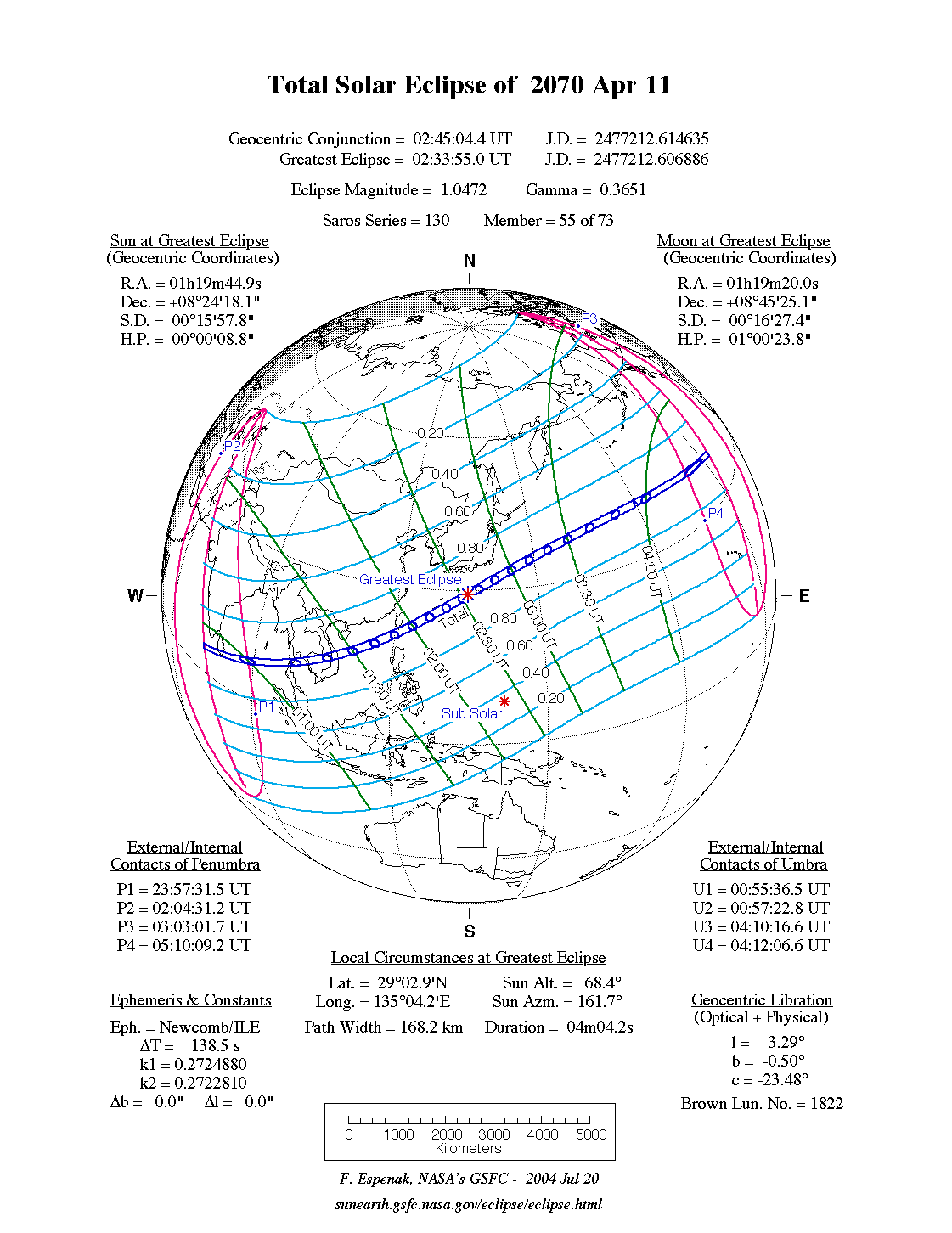 NASA map of the total solar eclipse of 11 April 2070