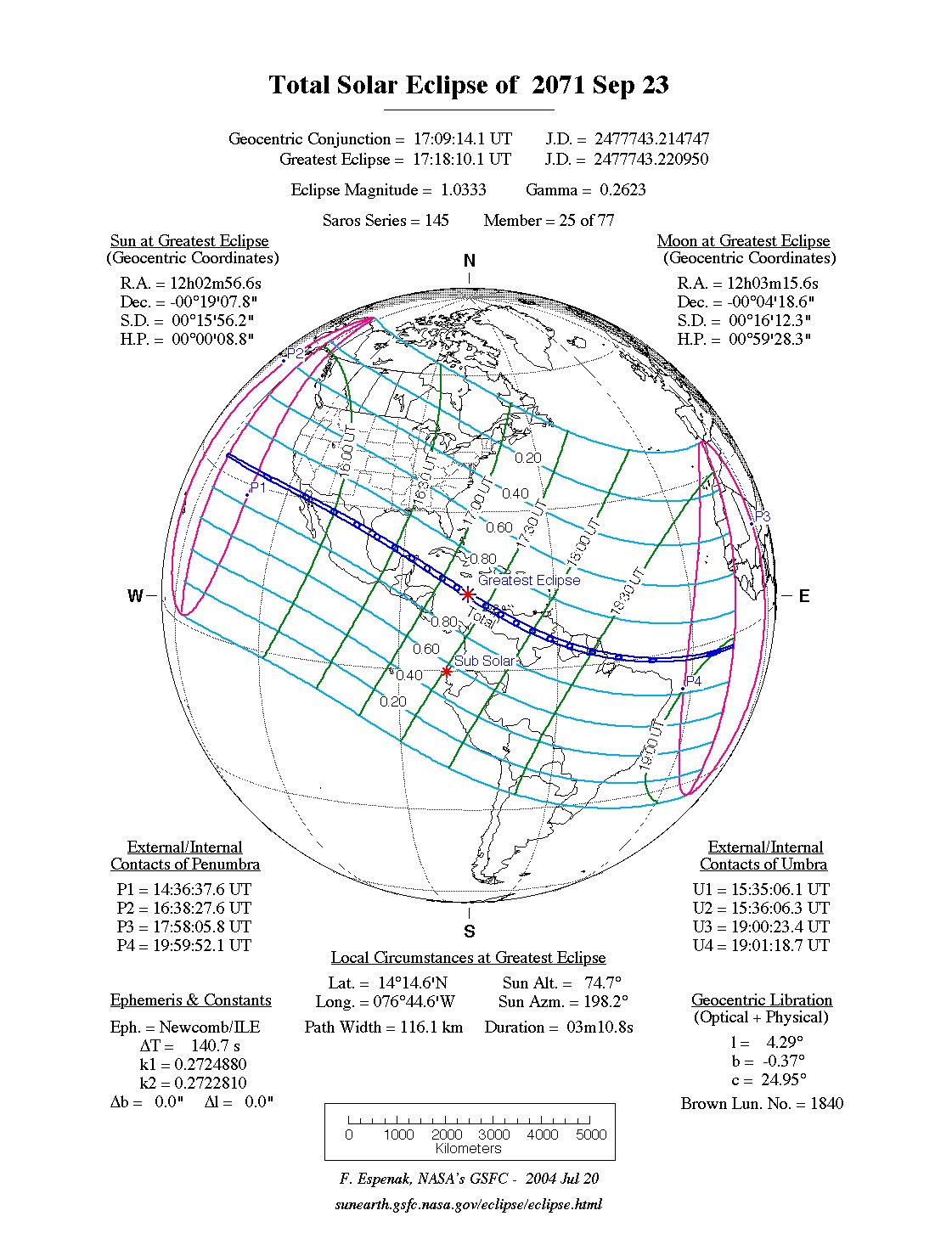 NASA map of the total solar eclipse of 23 September 2071