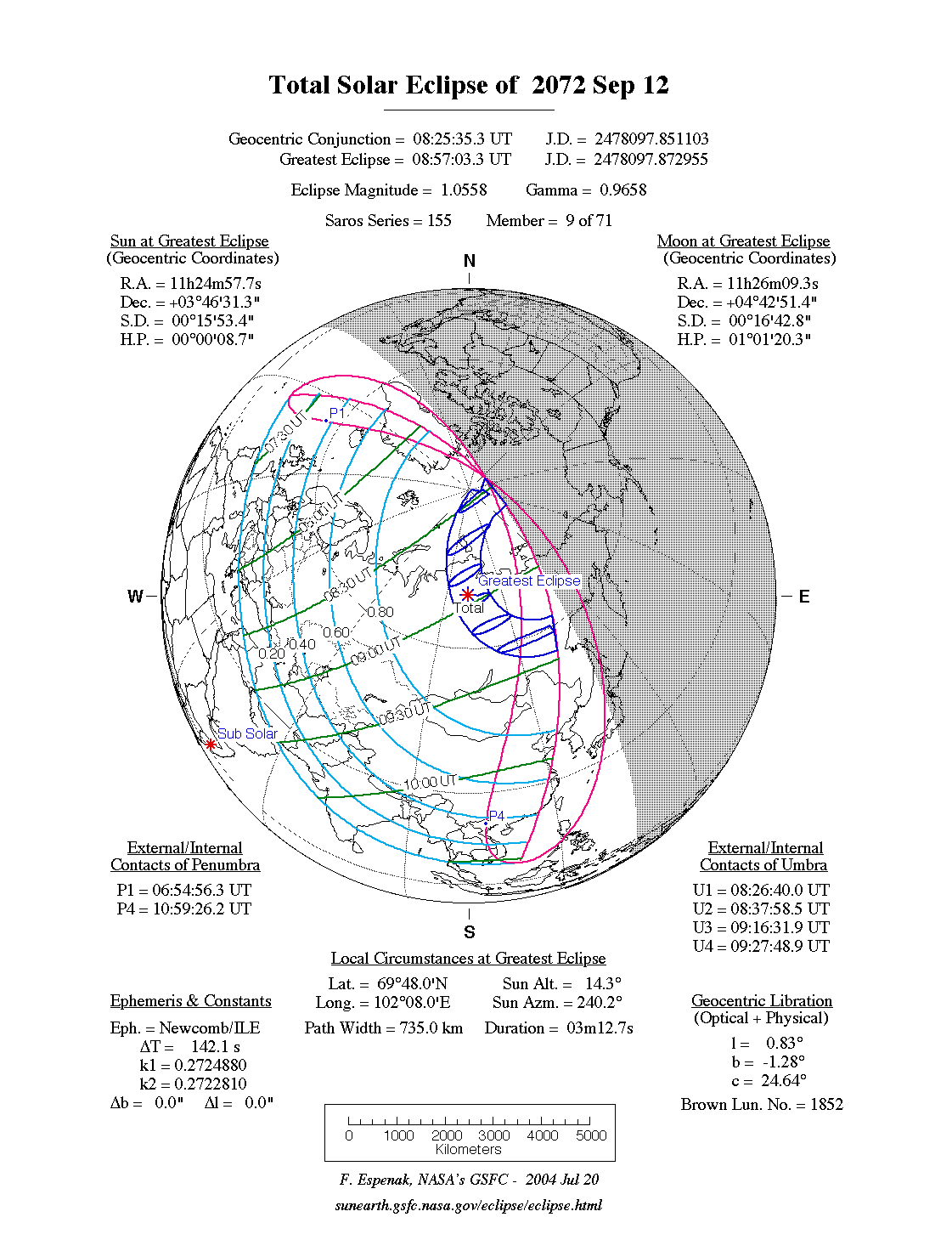 NASA map of the total solar eclipse of 12 September 2072