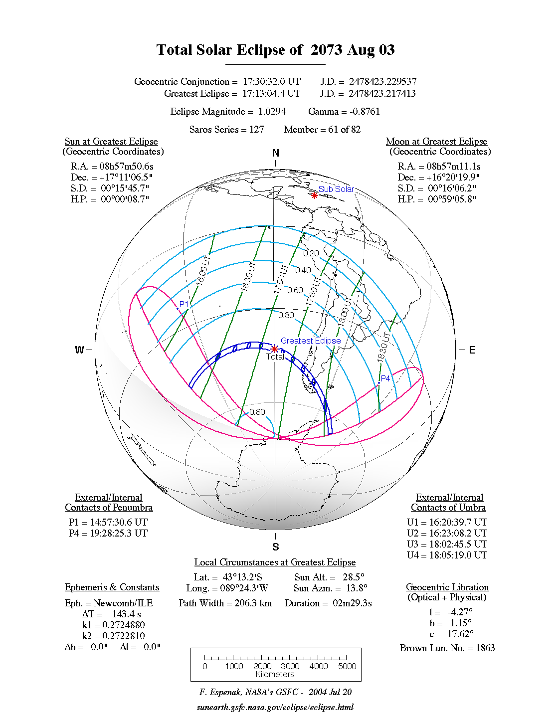 NASA map of the total solar eclipse of 3 August 2073