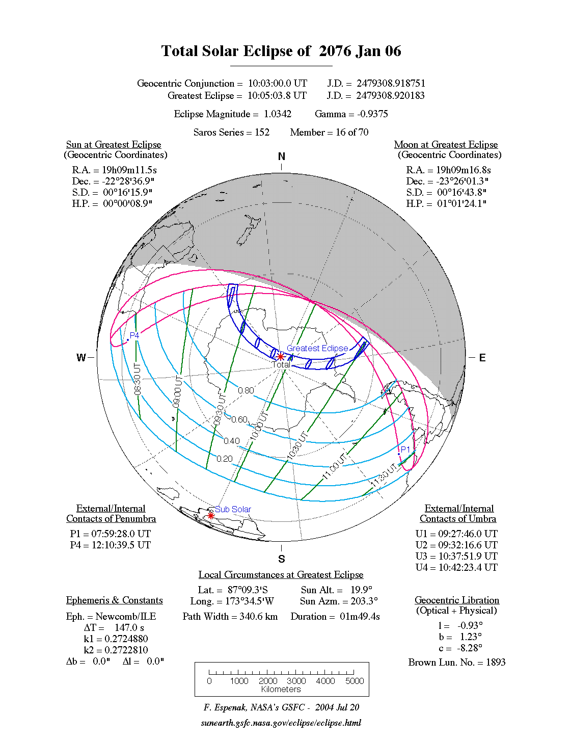 NASA map of the total solar eclipse of 6 January 2076