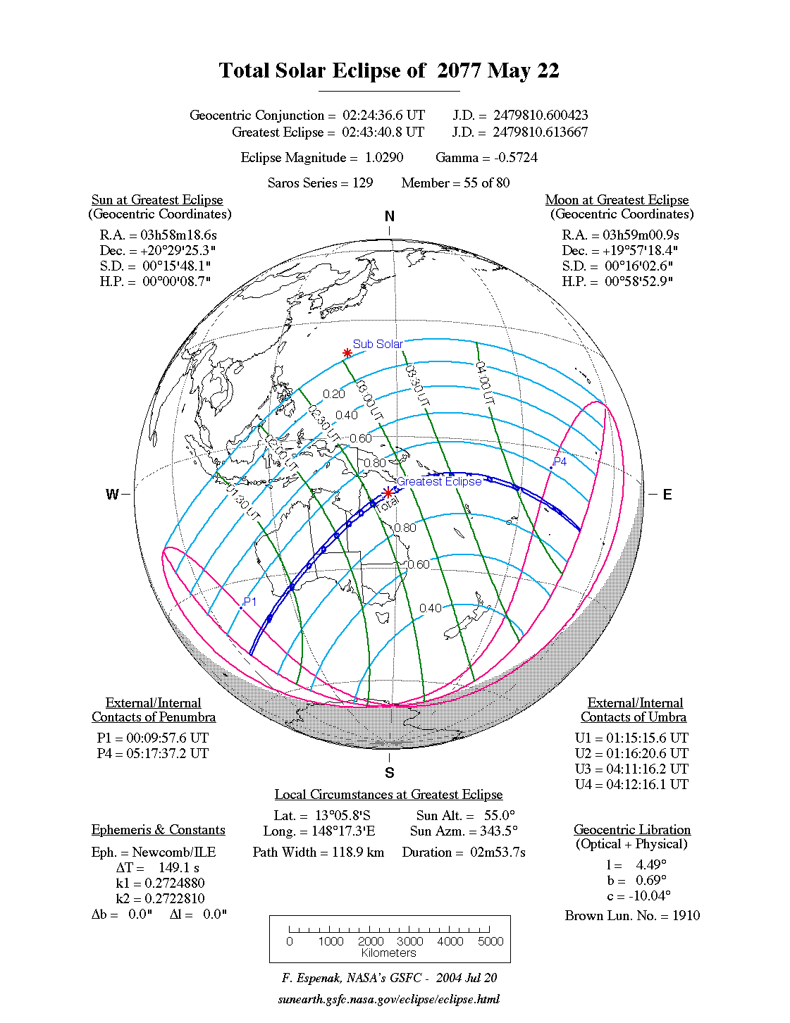 NASA map of the total solar eclipse of 22 May 2077