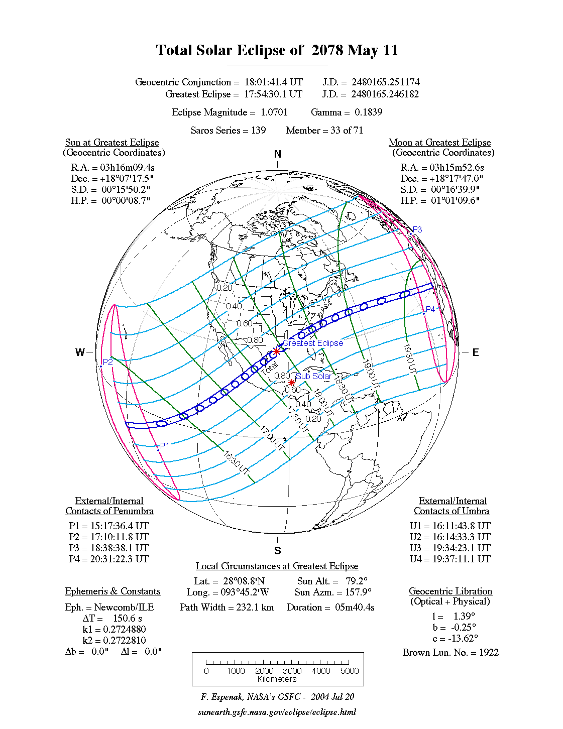 NASA map of the total solar eclipse of 11 May 2078
