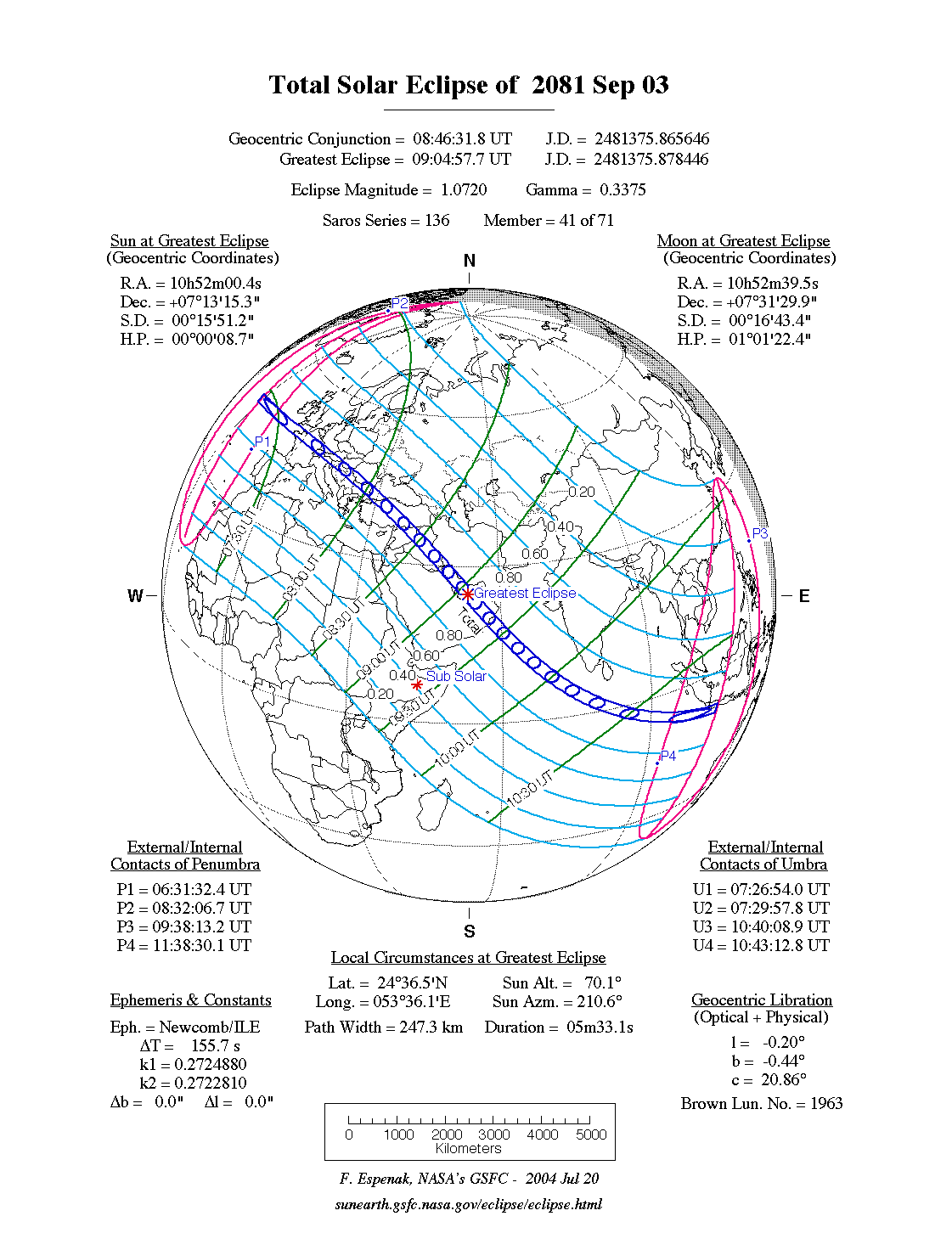NASA map of the total solar eclipse of 3 September 2081