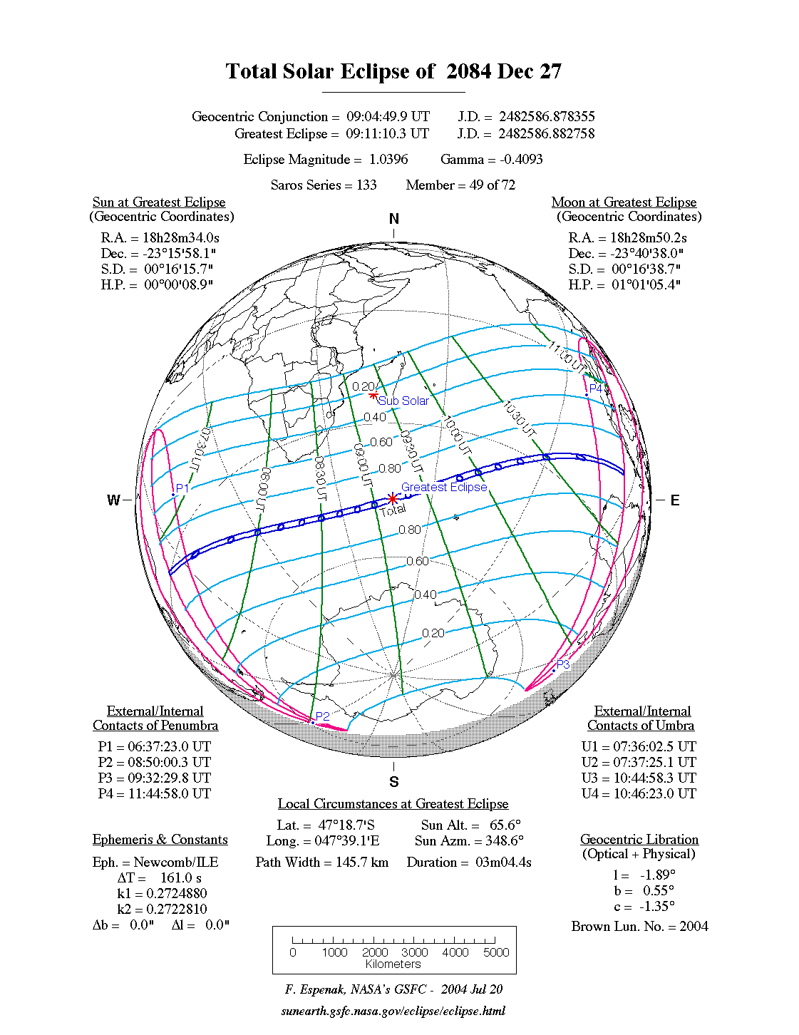 NASA map of the total solar eclipse of 27 December 2084
