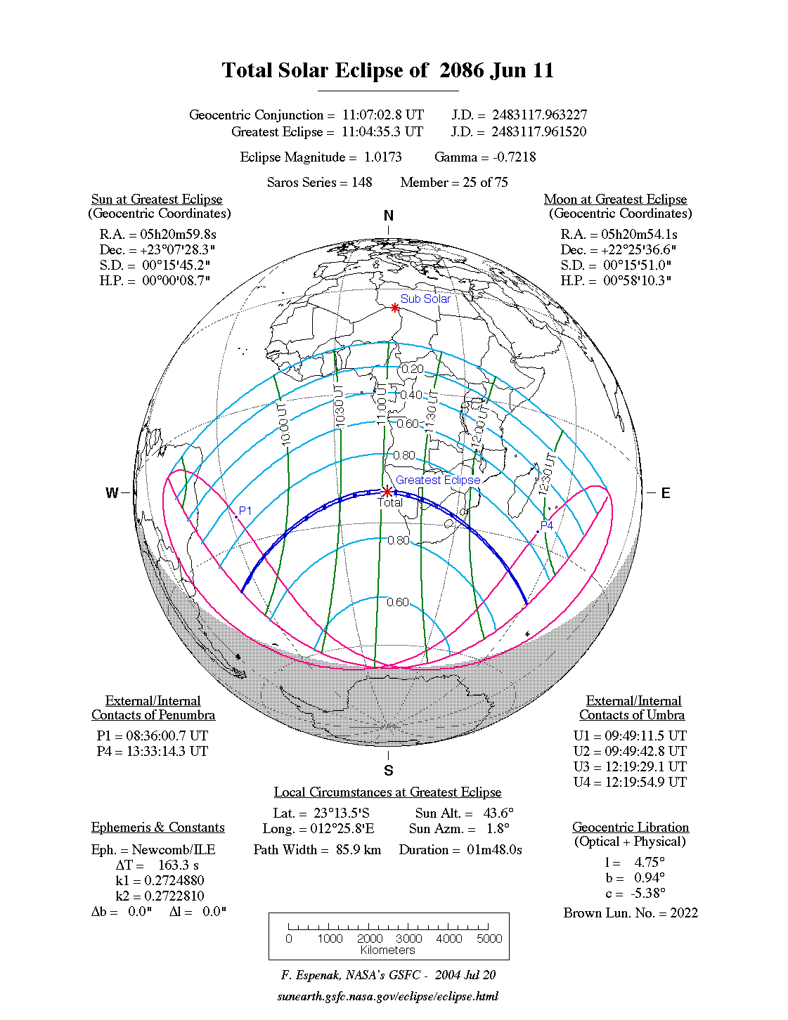 NASA map of the total solar eclipse of 11 June 2086