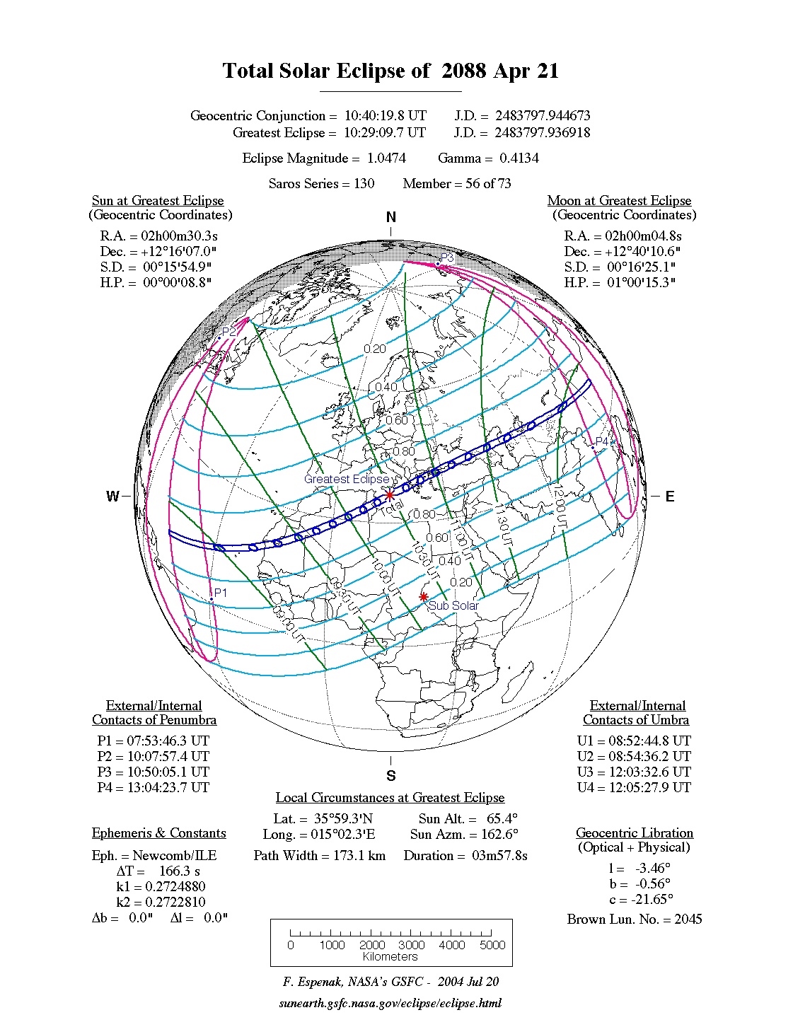 NASA map of the total solar eclipse of 21 April 2088