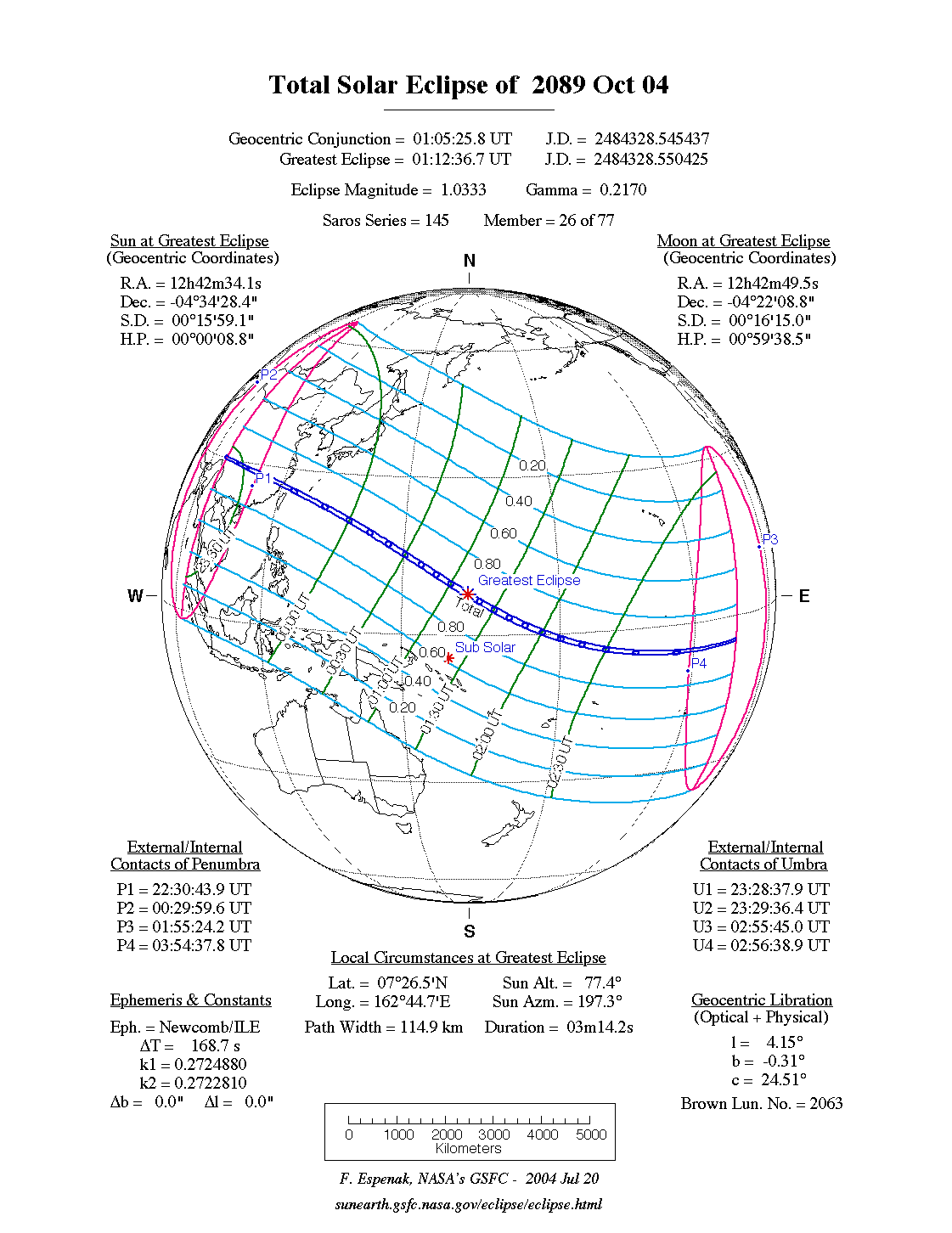 NASA map of the total solar eclipse of 4 October 2089