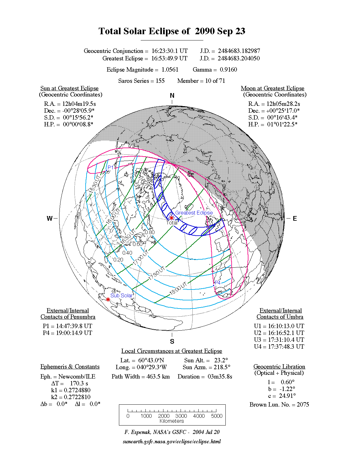 NASA map of the total solar eclipse of 23 September 2090