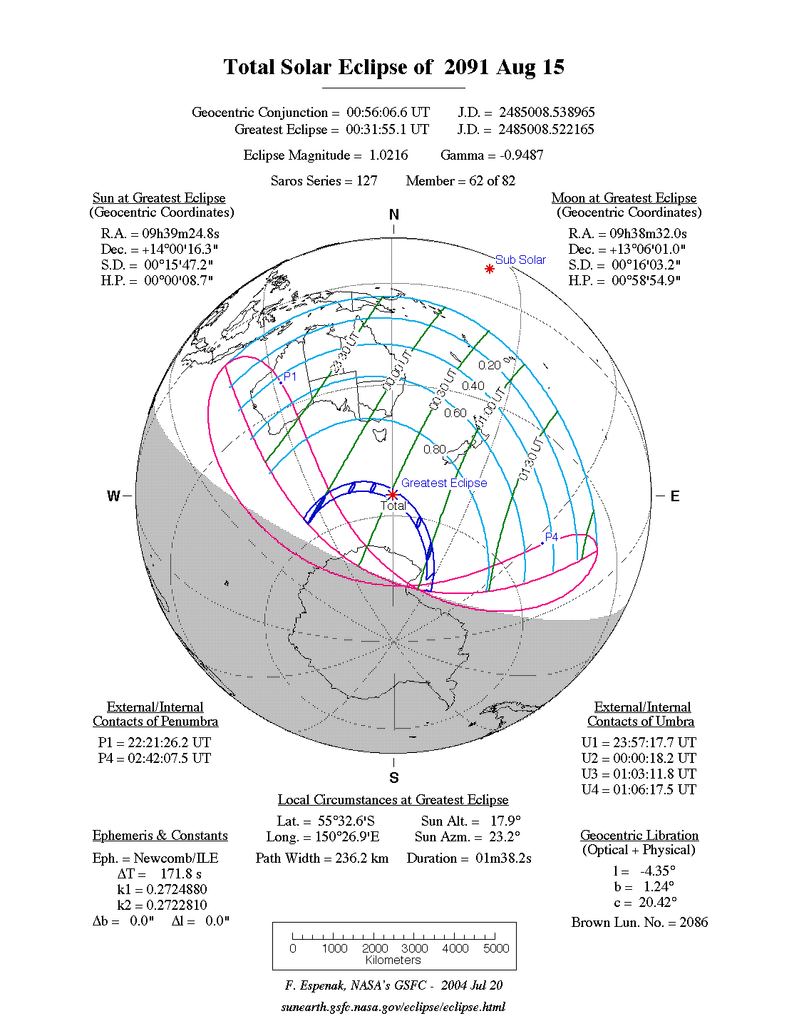 NASA map of the total solar eclipse of 15 August 2091
