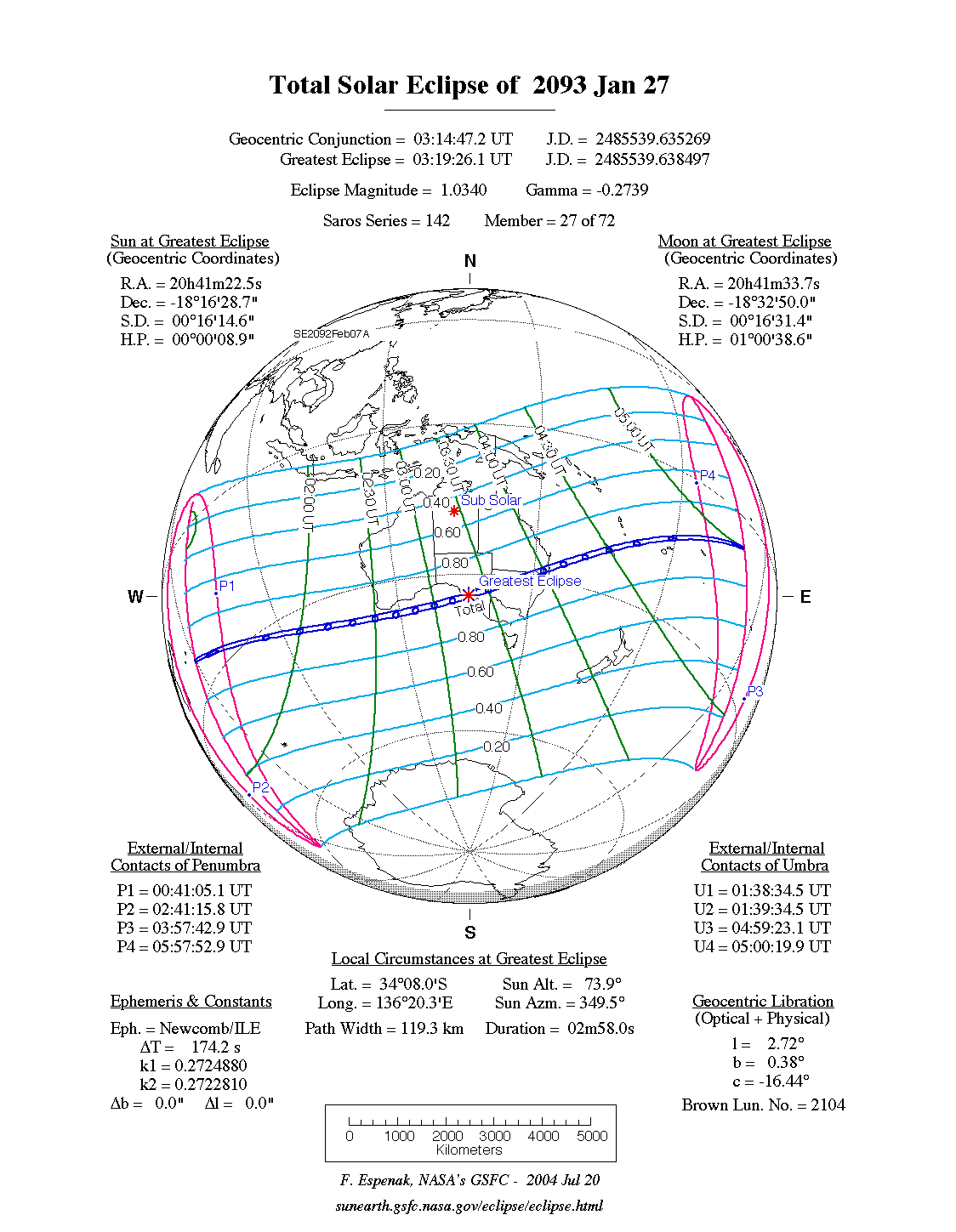 NASA map of the total solar eclipse of 27 January 2093
