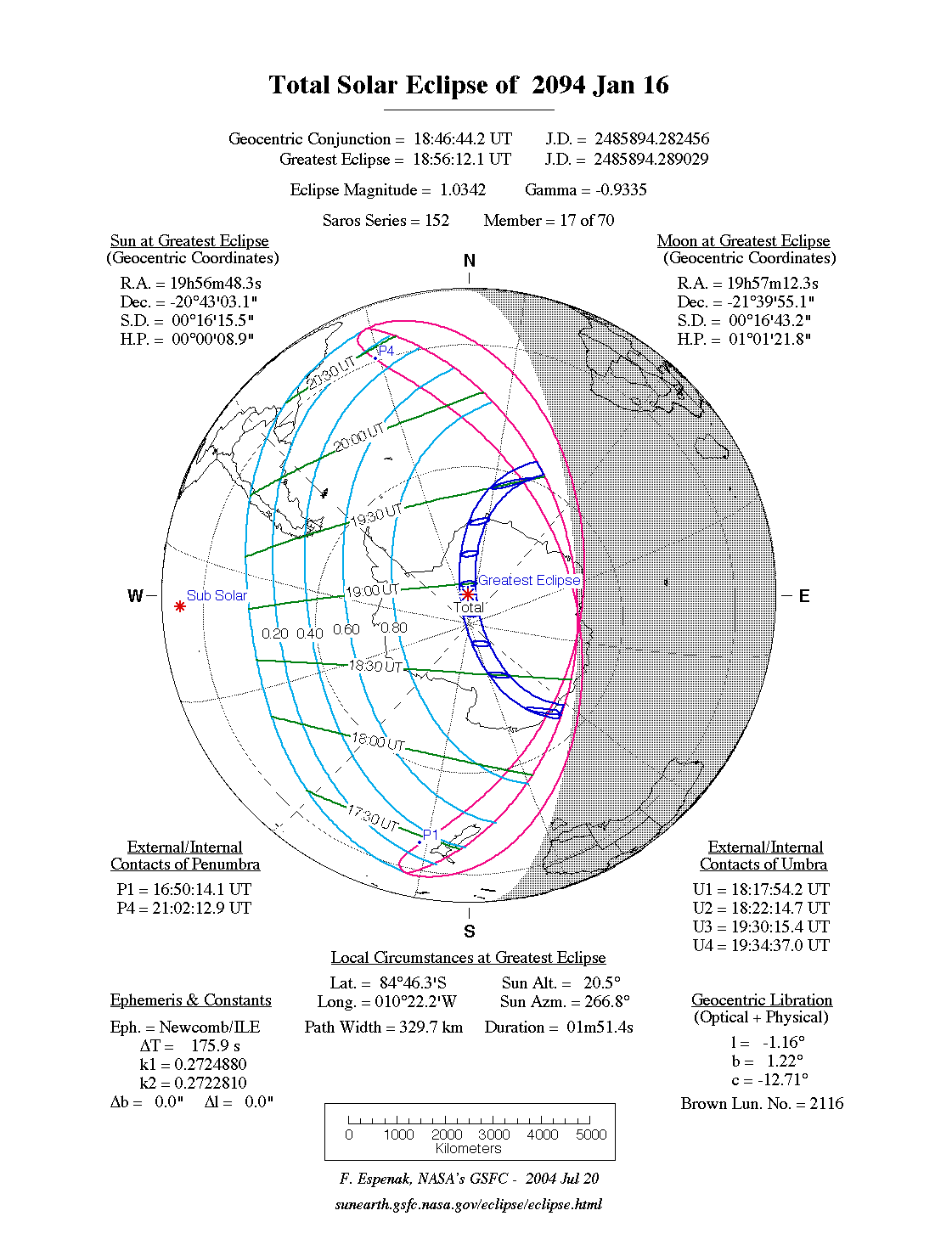 NASA map of the total solar eclipse of 16 January 2094