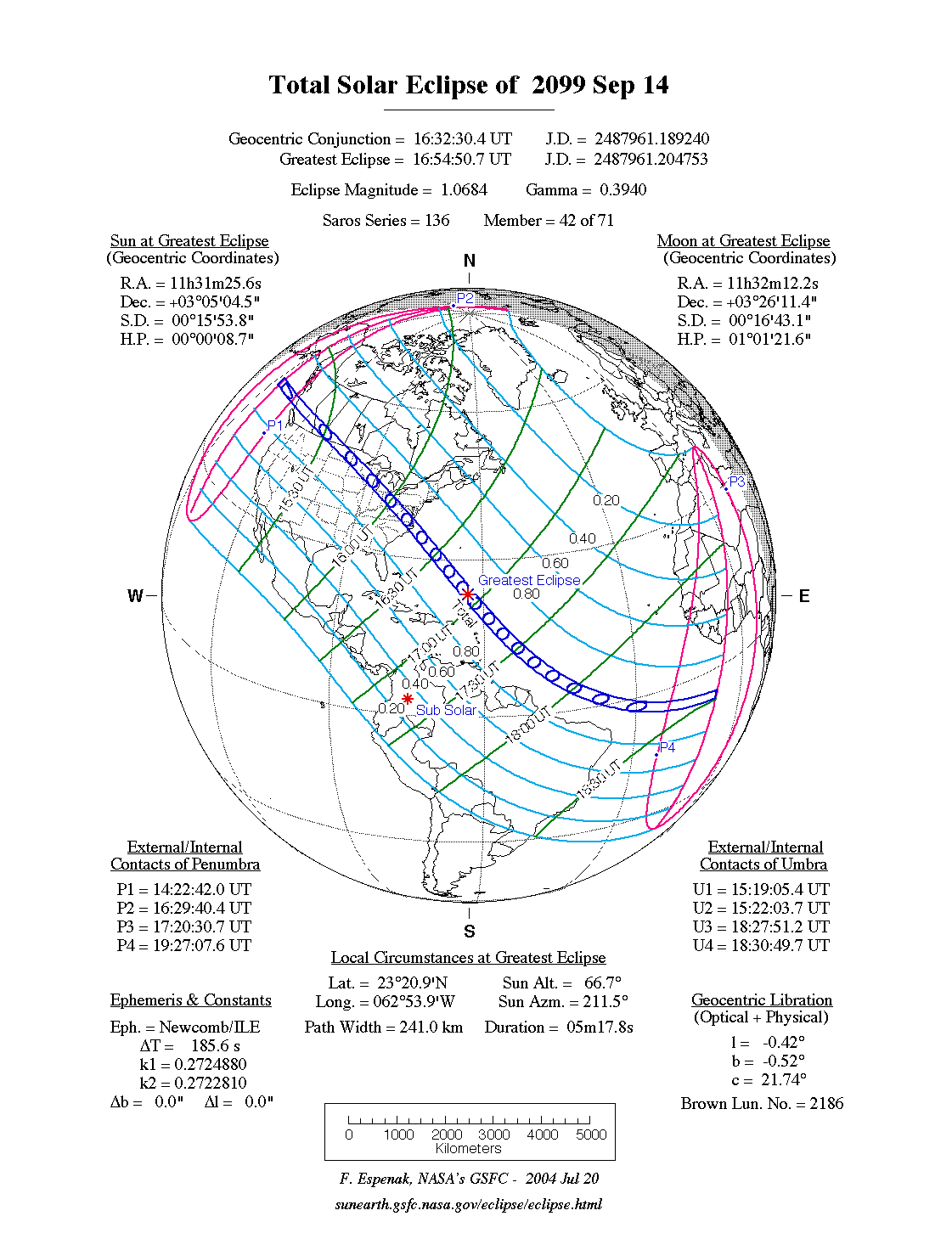 NASA map of the total solar eclipse of 14 September 2099