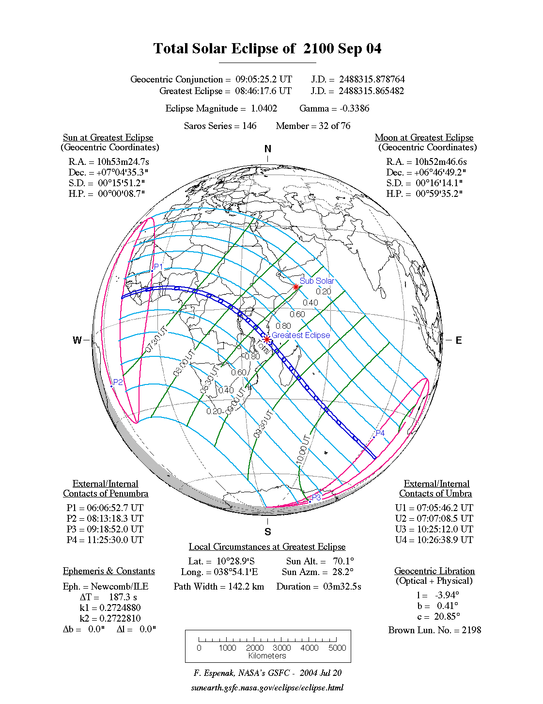 NASA map of the total solar eclipse of 4 September 2100