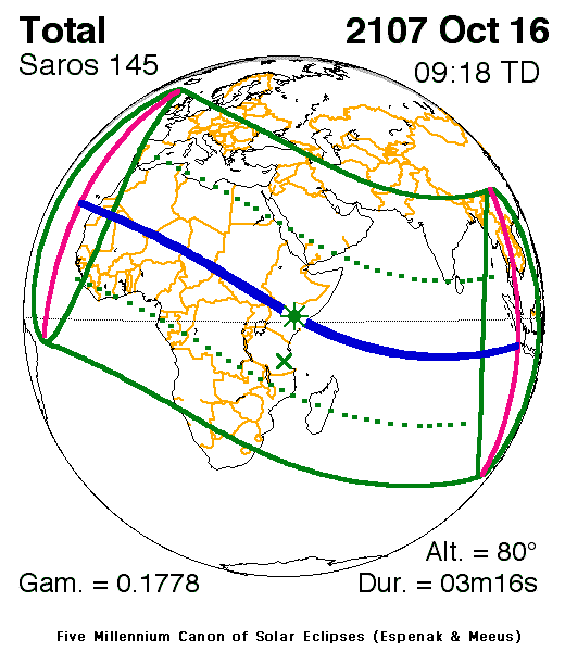 NASA map of the total solar eclipse of 16 October 2107